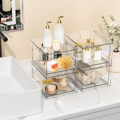 SpaceHacks 4 Pack Stackable Plastic Makeup Organizer Drawers, Acrylic Organizers, Clear Storage Bins with Pull-Out Handles for Vanity, Kitchen Cabinets, Pantry