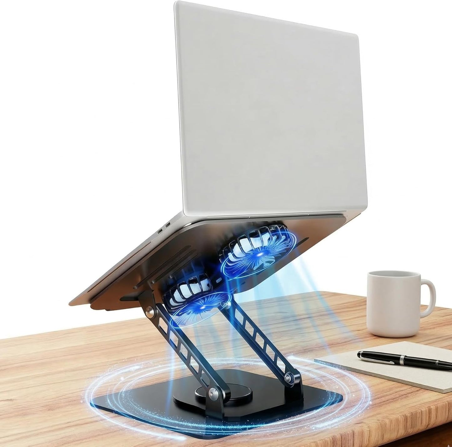 Selbst Laptop Stand for Desk with Quiet Cooling Fans - 360 Rotating Base Ergonomic Computer Stand, Aluminum Laptop Riser Foldable Protable for Office Home fits MacBook Air Pro, Dell, HP (10-17.3'')