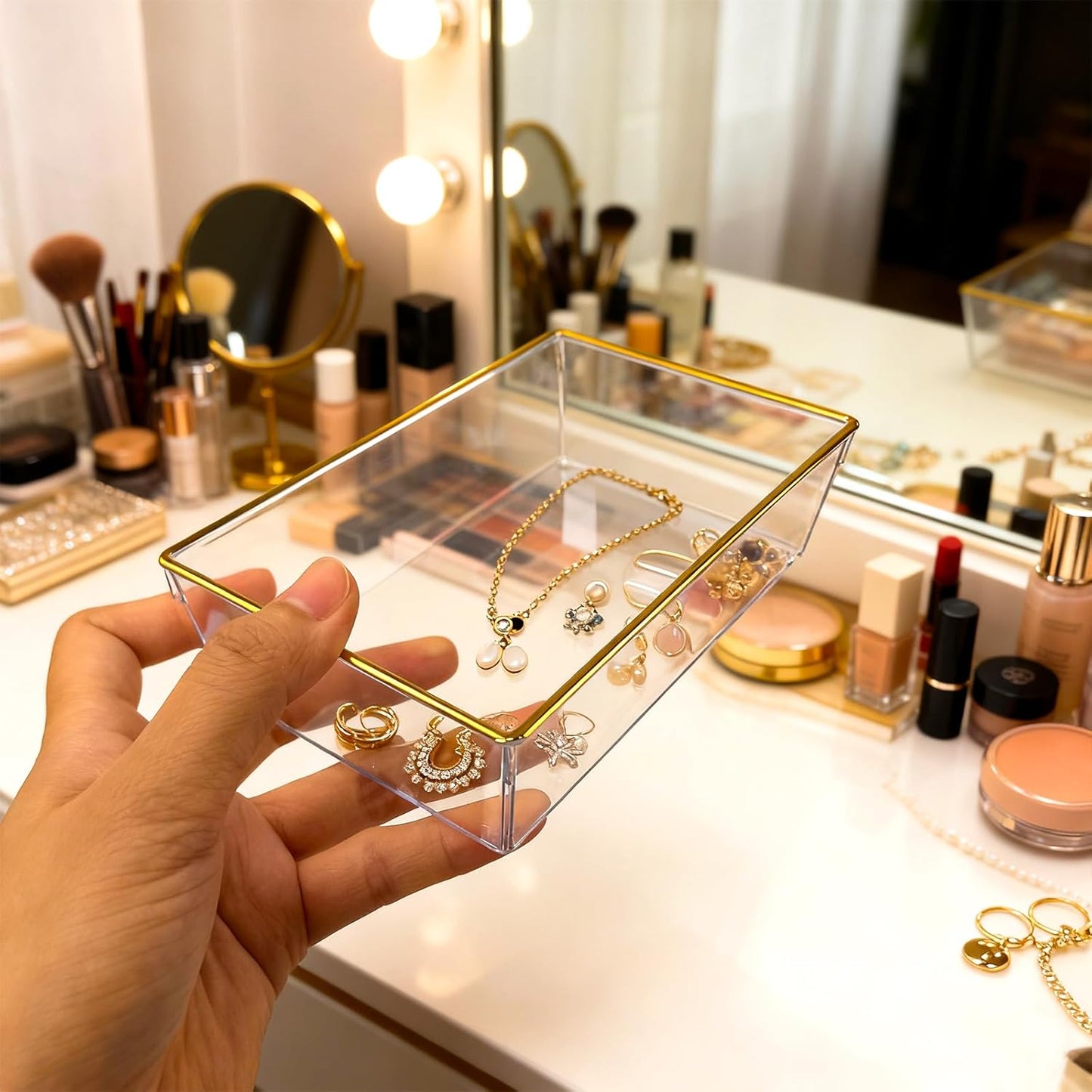4 Pack Large Size Clear Stackable Drawer Organizer Trays, Gold Rim Makeup Drawer Storage Tray Divider, Desk Storage for Makeup, Jewelry, Bathroom, Stationary, Kitchen Utensils and Office Desk
