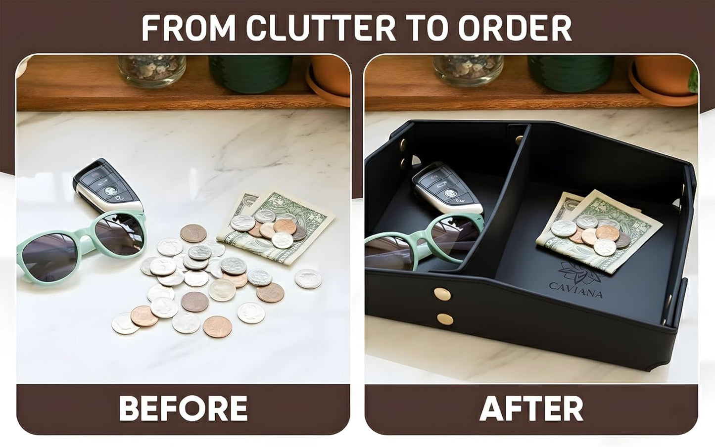 Valet Tray Organizer for Men & Women - PU Leather Catch All Tray with Removable Divider - EDC Storage for Keys, Watch, Phone - Nightstand, Dresser & Desk Organizer - Pacific Navy