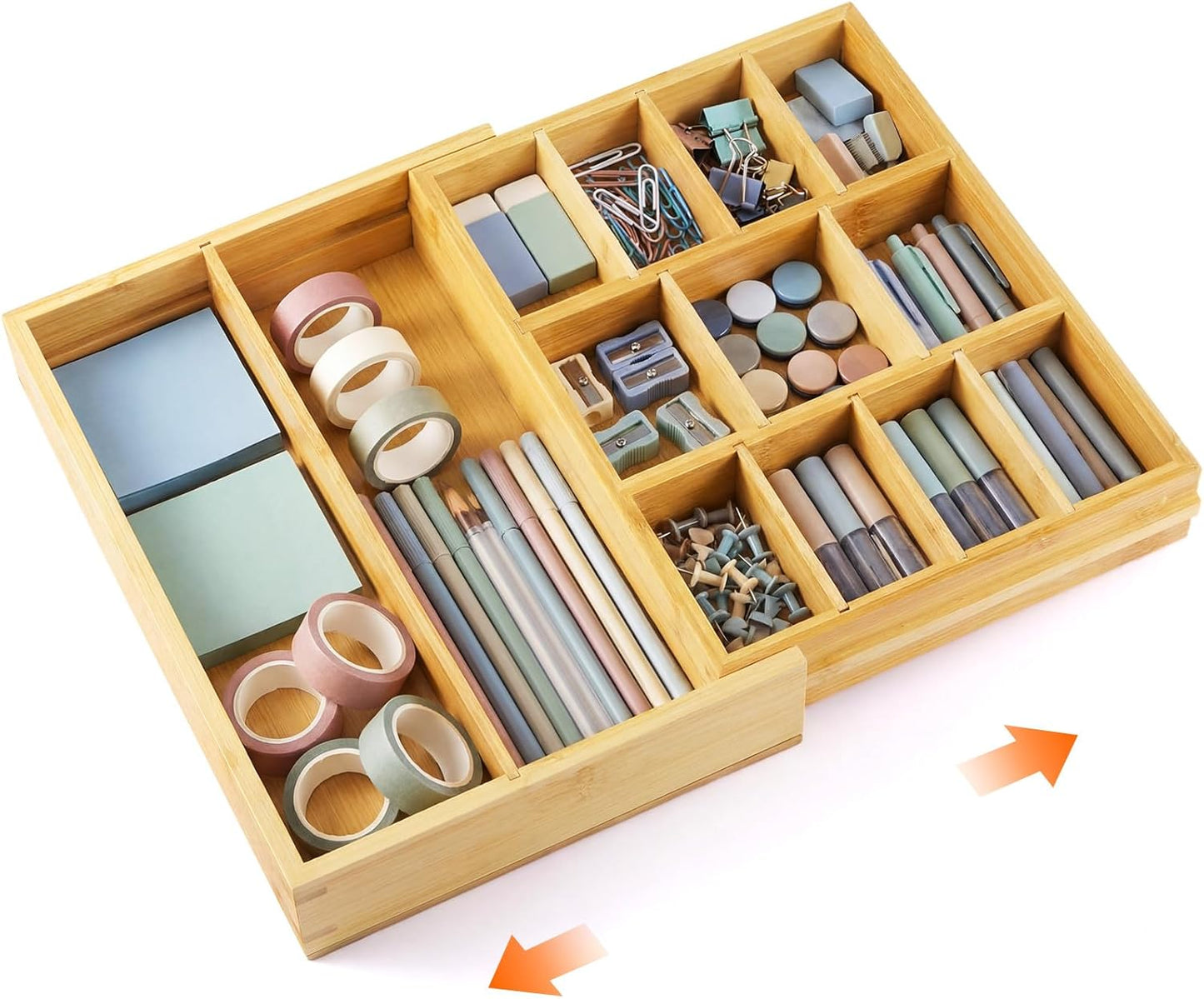 Bamboo Sliding Desk Drawer Organizer 8.2'' up to 16.4'' x 14.4'' x 2.2'' Expandable Office Desk Accessories Supplies Tray with 7 Compartments for Pens, Notebooks, Rulers, and Makeup Jewelry Vanity