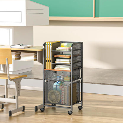 5-Tier Rolling File Cart Under Desk with Drawers, File Cabinet Organizer for Hanging File Folders, Letter-Size File Storage with Wheels, Multi-Layer Mobile Filing Cabinet for Under Desk Storage