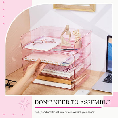 Harloon 4 Tier Paper Organizer Letter Tray Acrylic Desk File Organizer Heavy Duty Stackable Documents Clear Letter Paper Holder Sorter Office Tray for A4, Office Classroom Home File Pad Notebooks