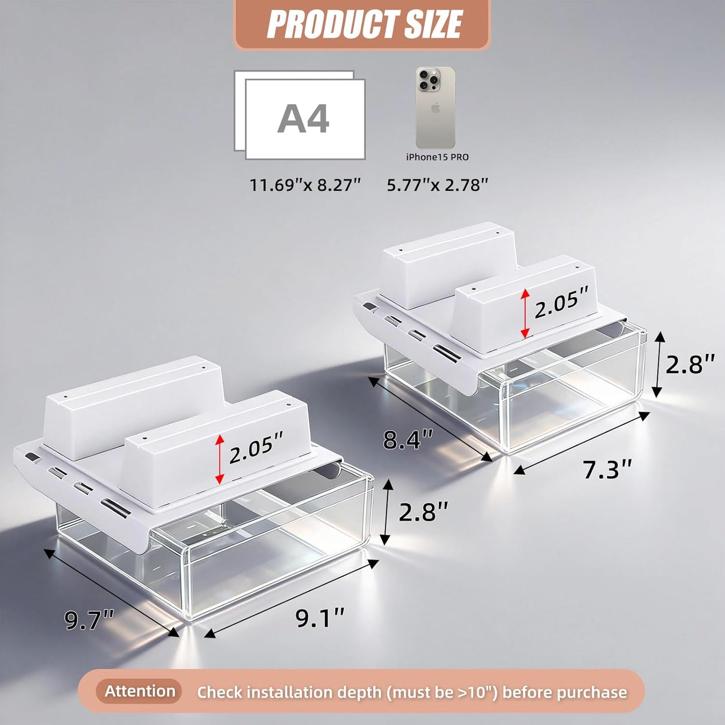 TooCust 3 Pack Under Desk Drawer Slide Out Storage Organizer, Clear White 3 Sizes (S/M/L), Dual-Mount Hidden Table Tray for Tablets, Planners & Office Supplies