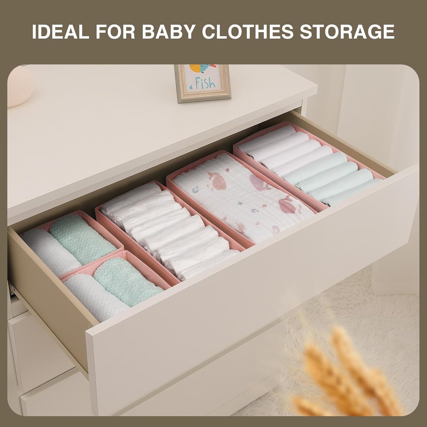 DIMJ Drawer Organizers Clothes, Dresser Organizer Bins for Baby Clothes,Underwear and Sock, Fabric Closet Organization and Storage Boxs, Drawer Dividers for Nursery, Clothing, Tie - 4 Pack, Beige