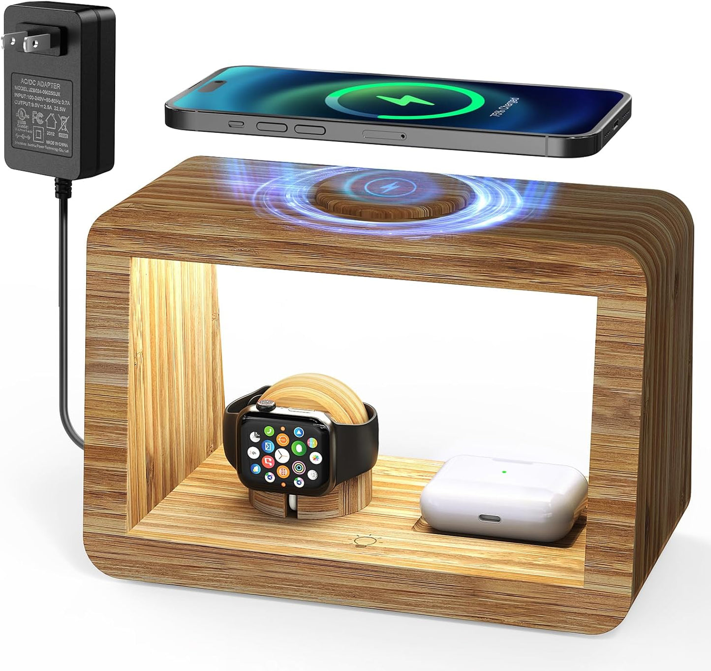 Bamboo Wireless Charging Station with Alarm Clock & Night Light, 3 in 1 Charging Station for iPhone 17/16/15/14/13/12/11 Pro Max/X/Xs, AirPods 4/3 & AirPods Pro 3/2/1/, Apple Watch Series