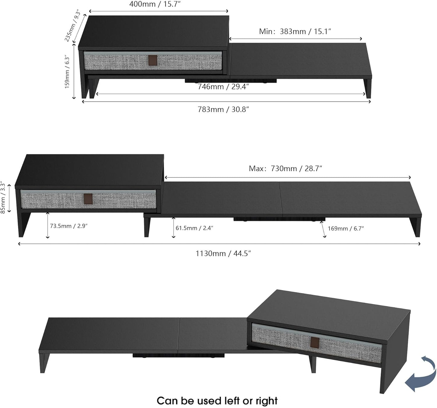 Fenge Computer Monitor Riser Stand with Drawer for 2 or 3 Monitors ,Adjustable Length and Angle Desktop Laptop Stand,Office Organizer,Printer,Black