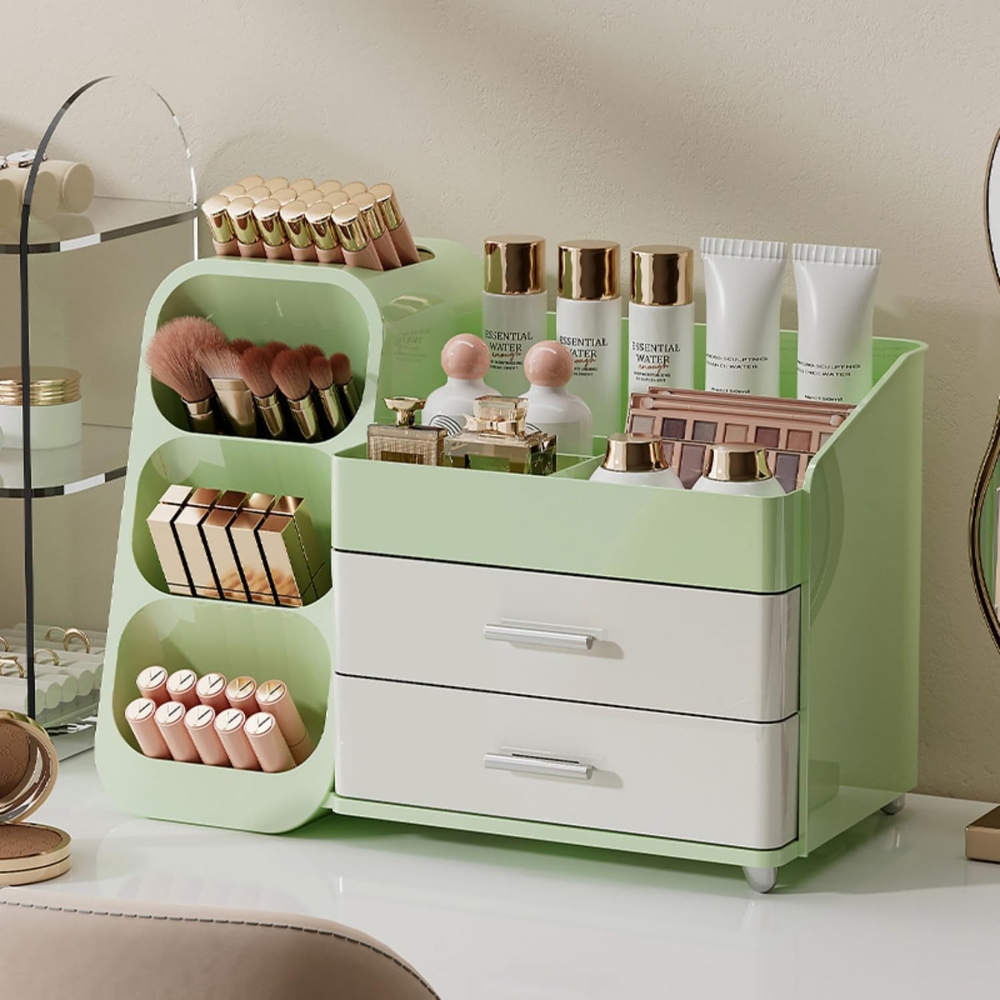 Booklov Makeup Organizer for Vanity, Countertop Cosmetic Display Case with Clear Acrylic Drawers, Bathroom Counter Beauty Caddy, Cute Table Storage Holder for Skincare, Brush Lipsticks, Crystal White