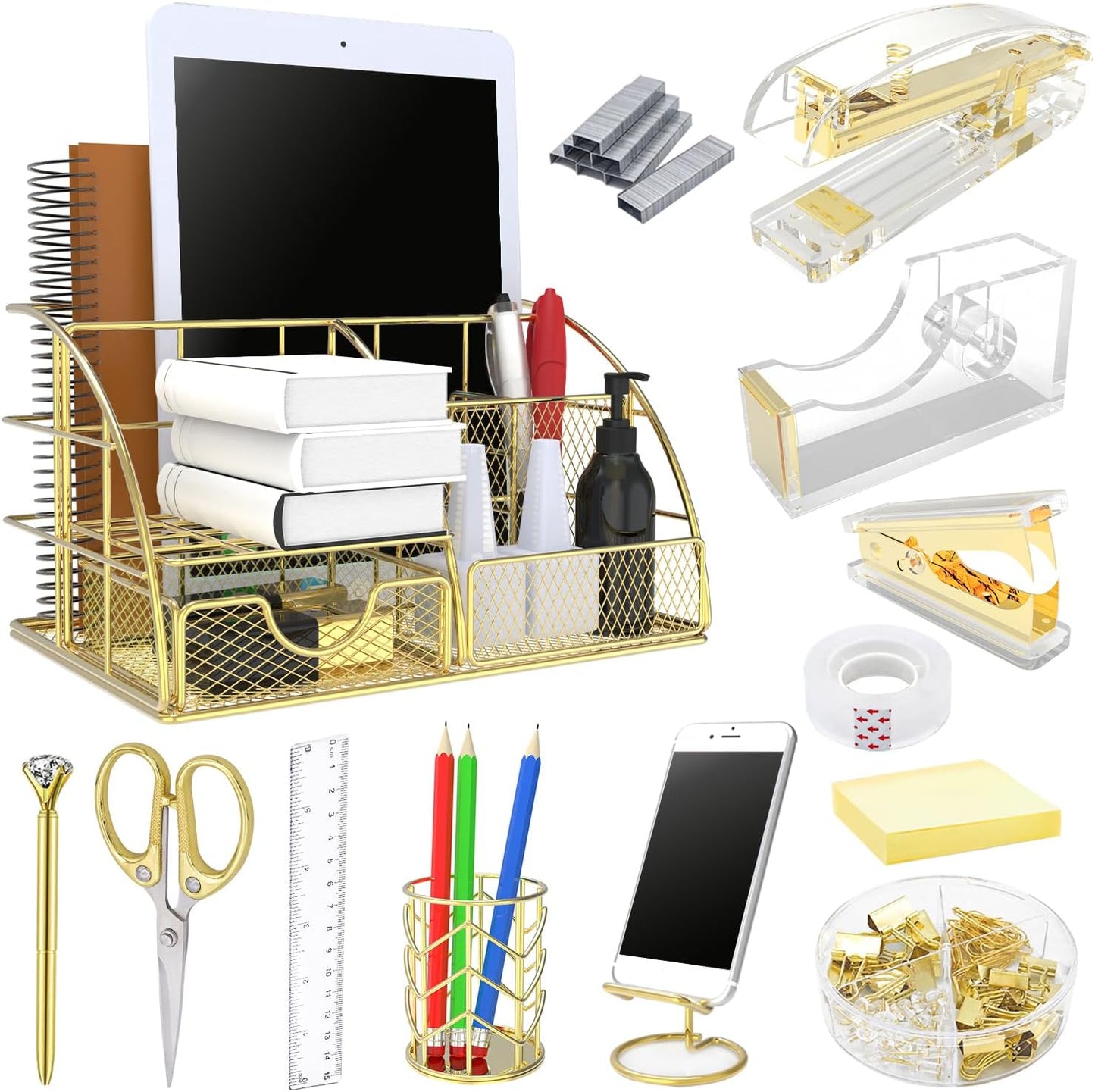 Office Desk Organizers, Rose Gold 13PCS Office Supplies and Accessories Desk organizer, Acrylic Stapler, Staple Remover, Clips, Scissor, Phone Holder, Pen, Pen Holder (Rose Gold)