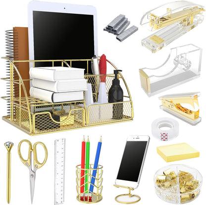 Office Desk Organizers, Rose Gold 13PCS Office Supplies and Accessories Desk organizer, Acrylic Stapler, Staple Remover, Clips, Scissor, Phone Holder, Pen, Pen Holder (Rose Gold)