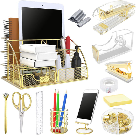 Office Desk Organizers, Rose Gold 13PCS Office Supplies and Accessories Desk organizer, Acrylic Stapler, Staple Remover, Clips, Scissor, Phone Holder, Pen, Pen Holder (Rose Gold)