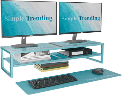 Simple Trending 2 Tier Metal Dual Monitor Stand Riser with 32"x10" Mouse Pad, Computer Desk Organizer for 2 Monitors, Laptop, Printer, TV, Black