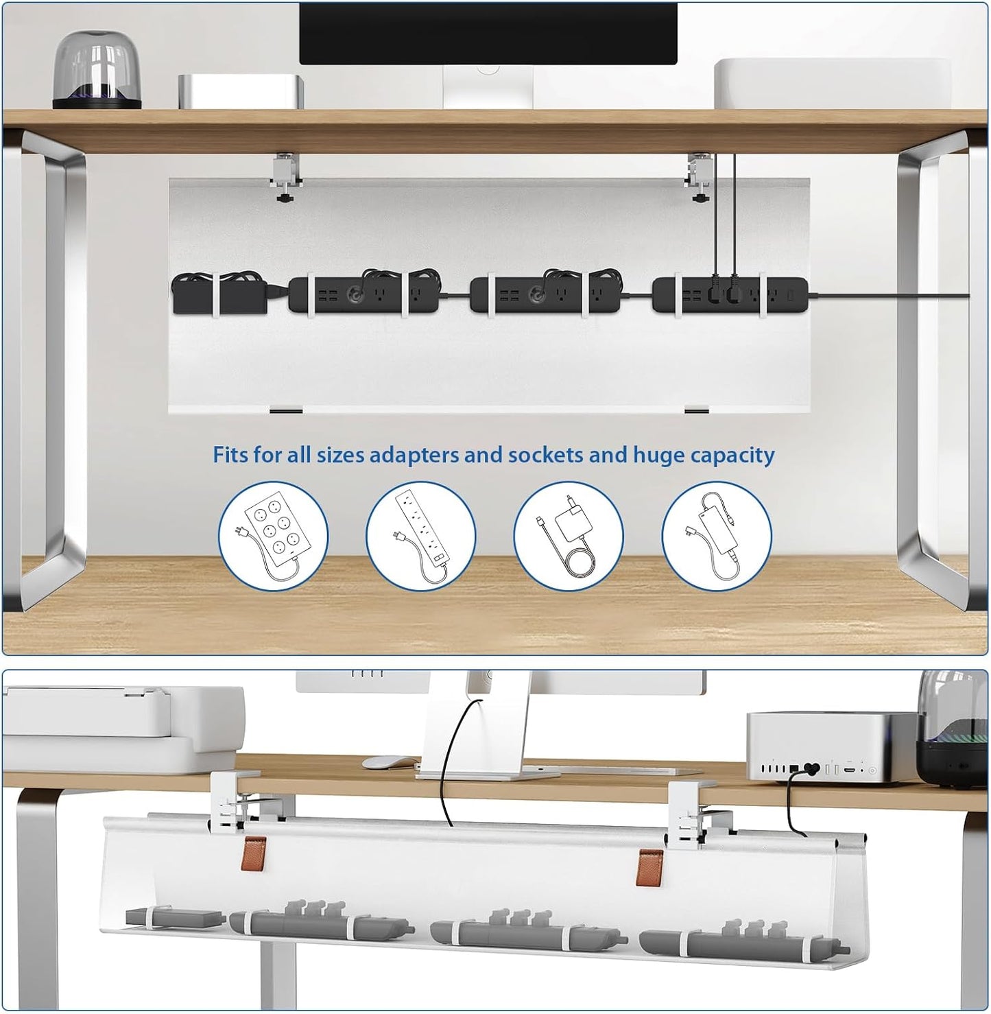 Zilink No Drill Under Desk Cable Management Tray 30" Cord Organizer for Table Clamp/Screw Mount Desk Cable Management Sturdy Waterproof Fabric Cord Hiders for Office, Home