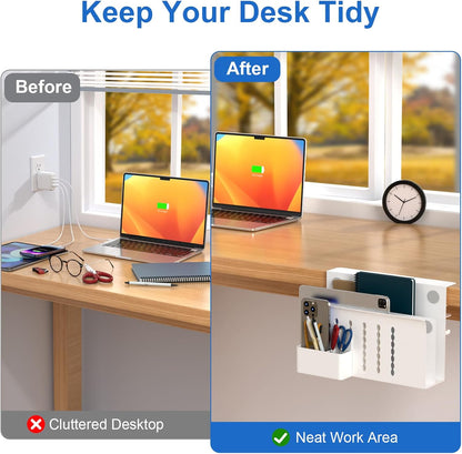 HAMOPY Desk Side Storage, Single-Layer Steel Hanging Desk Organizer with Magnetic Pen Holder, No Drilling Desk Drawer Cable Management Tray, Under Desk Laptop Holder for Office, School&Home(White)