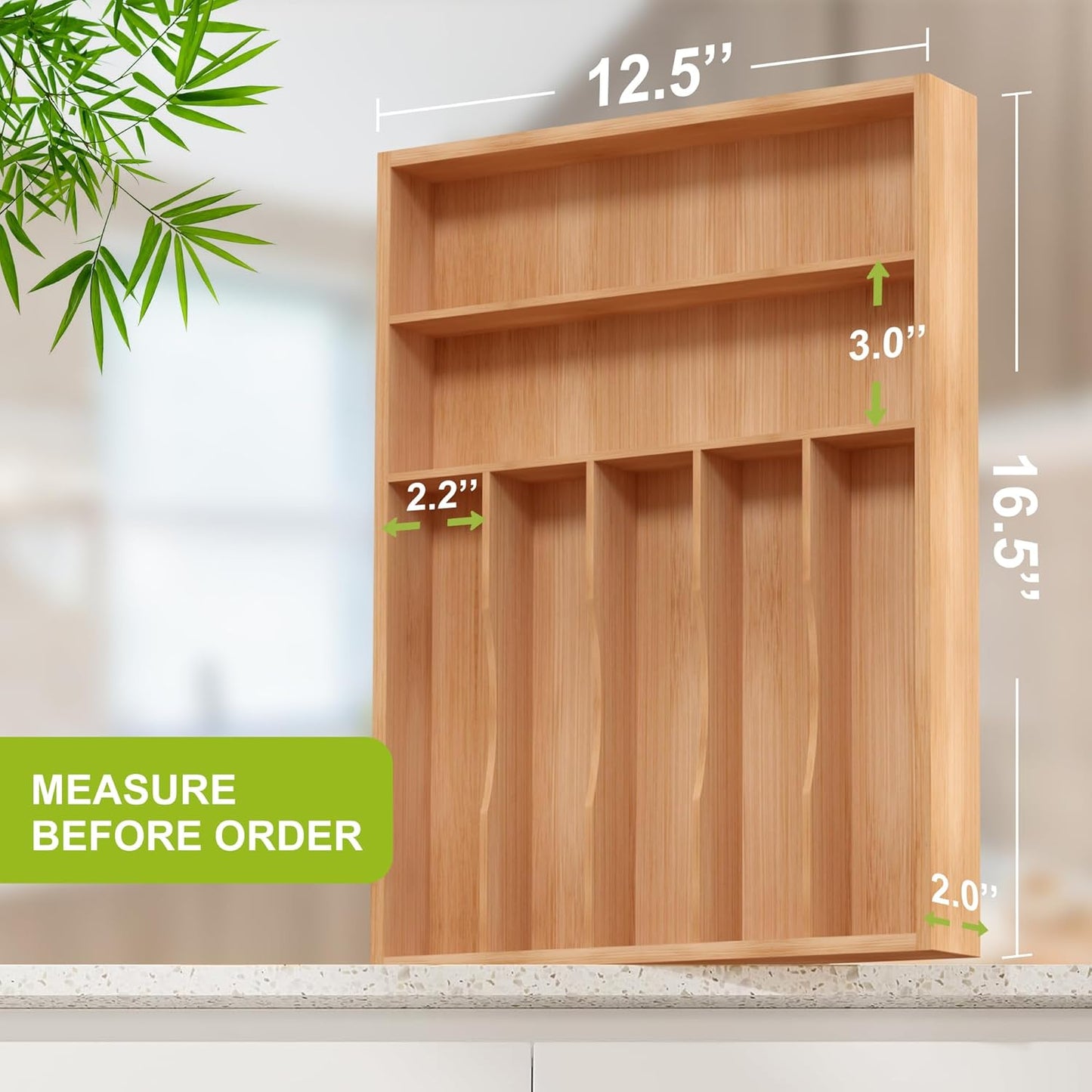 Unibambou Bamboo Utensil Drawer Organizer, Silverware Tray Organizer, Kitchen Drawer Organizer for Flatware Cutlery, (Natural, 3 Slots)