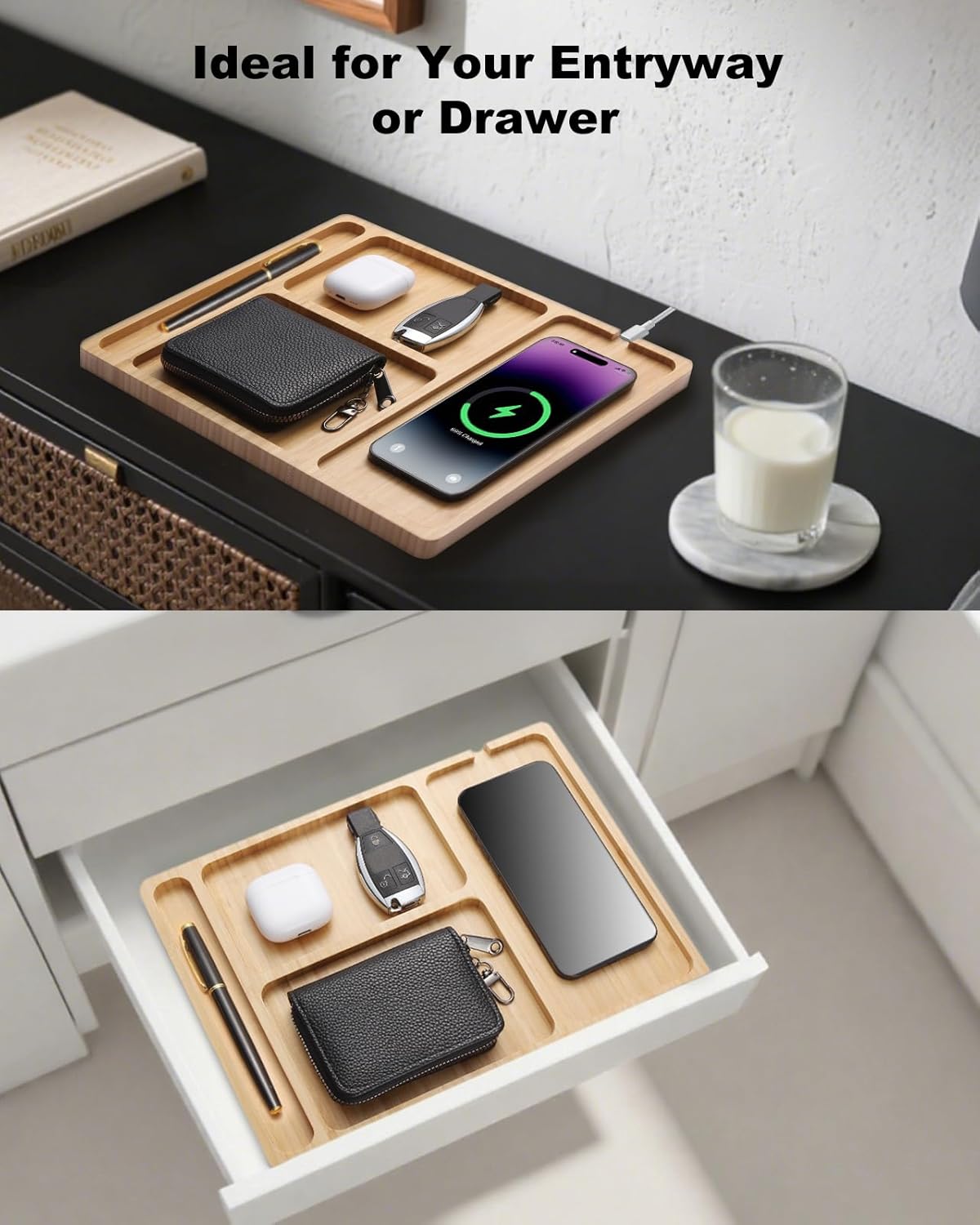 Valet Tray, Built-in Wireless Charger, Nightstand Organizer, Bamboo Desk Bedside Caddy Organizer Tray for Men, EDC Catchall Trays for Keys, Watch, Phone, Jewelry
