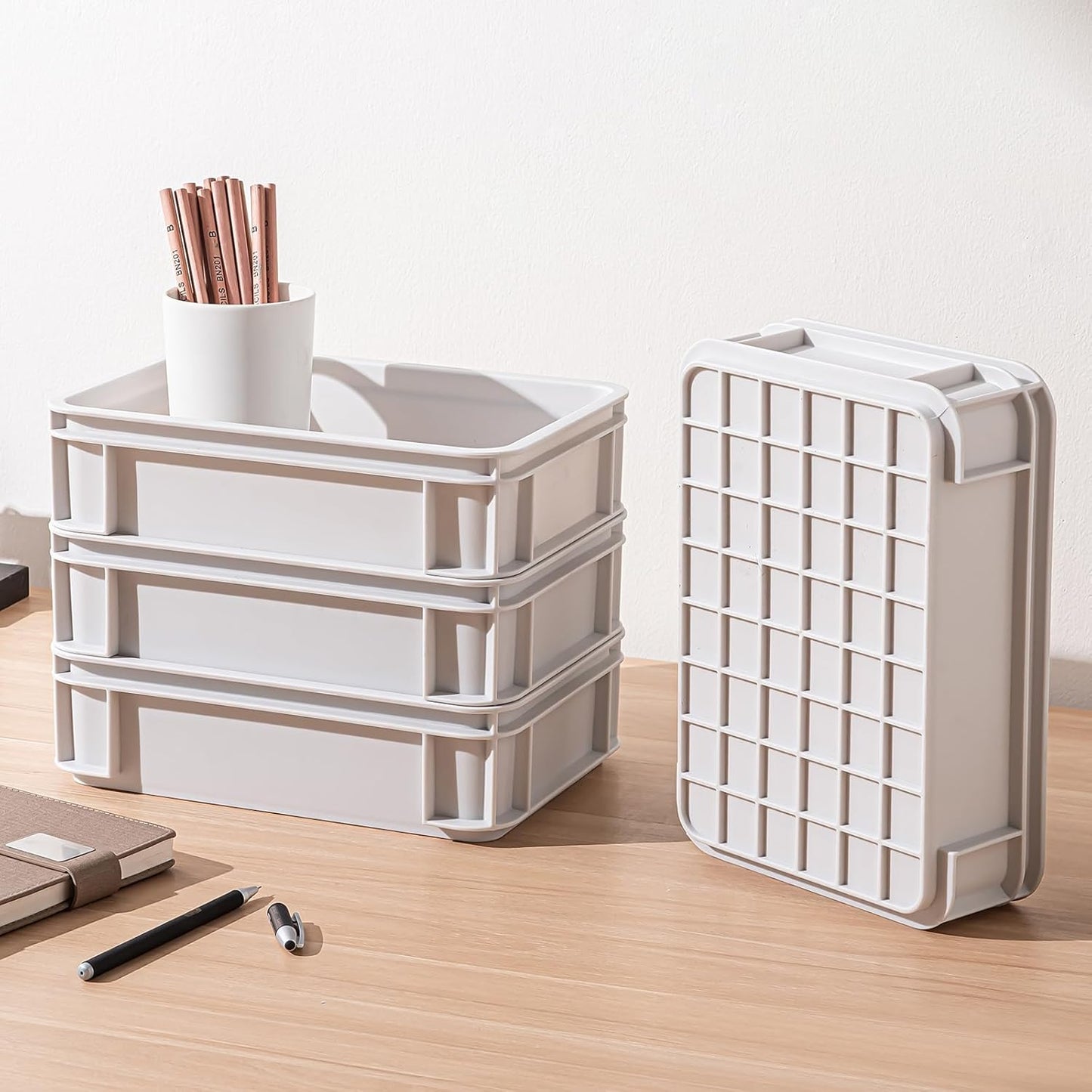 Stackable Organizer Boxes - Create Your Perfect Modular Desktop Storage System Office Desk Organizer Set15.8''*11''*3.26'' (Beige, 6Large)