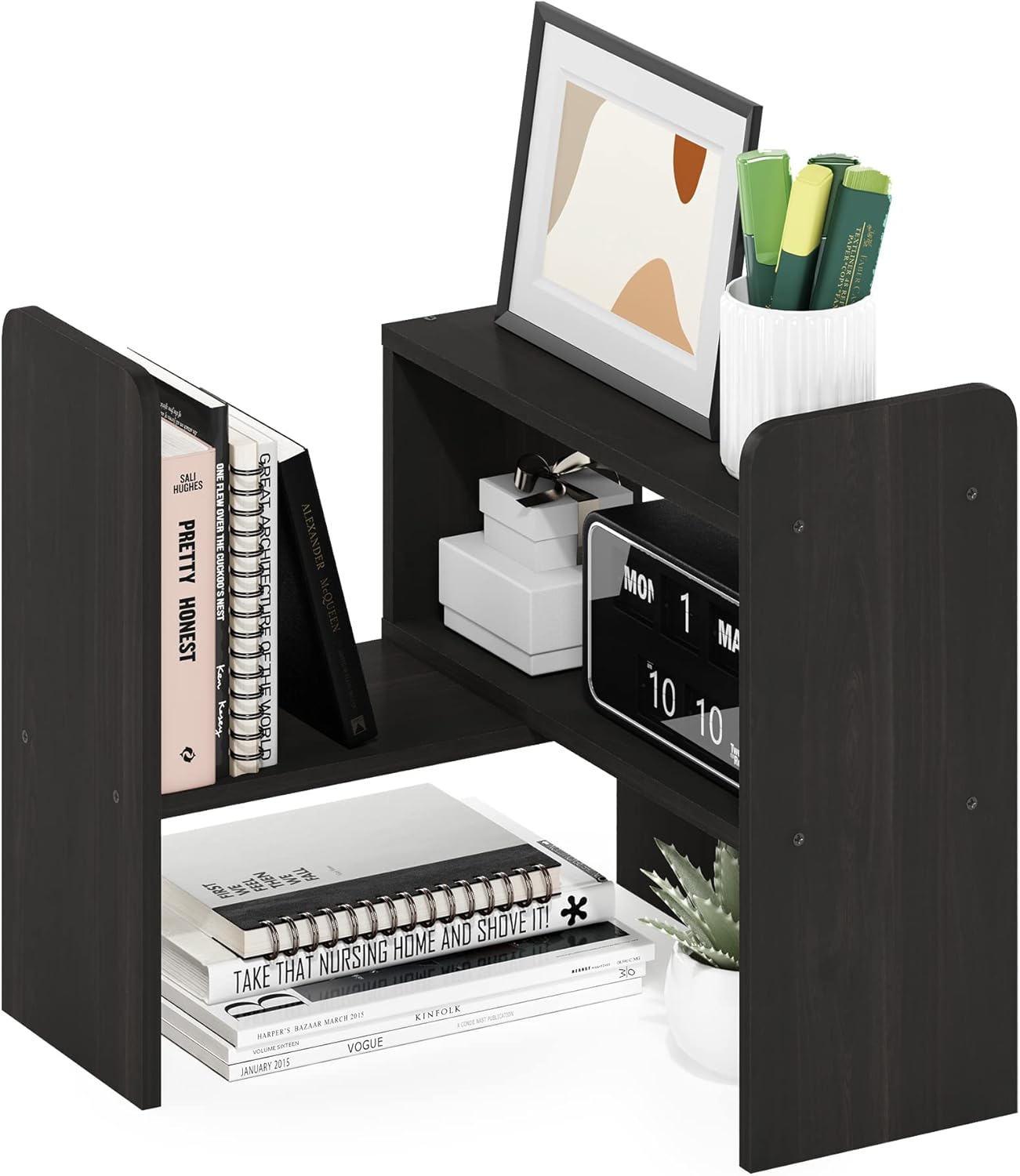 Furinno Classic Desk Organizers and Accessories, 2-Tier Monitor Riser, Office Organization, Desk Top Book Shelf, for Office Supplies, Office Desk Accessories, Dark Espresso