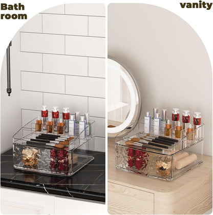 Clear Plastic Countertop Makeup Organizer Compact Rectangular 9-Section Grid with Pull-Out Drawer Dedicated for Brushes, Eyeshadow Palettes & Beauty Supplies