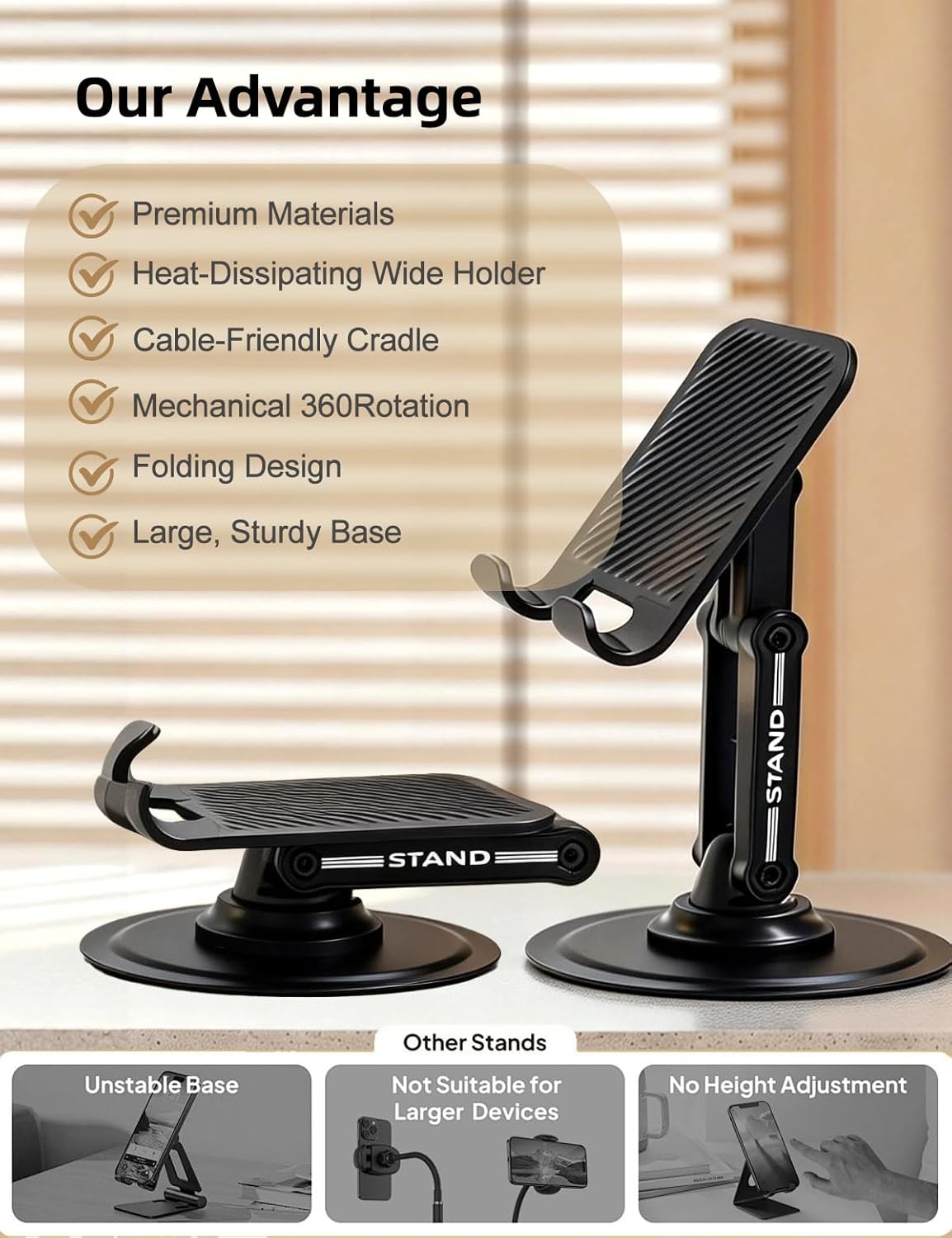 Phone Stand for Desk, Adjustable Dual-Axis 360° Rotating Sturdy Cell Phone Holder, Anti-Loose Maintainable Design, Compatible with iPhone Android Smartphones