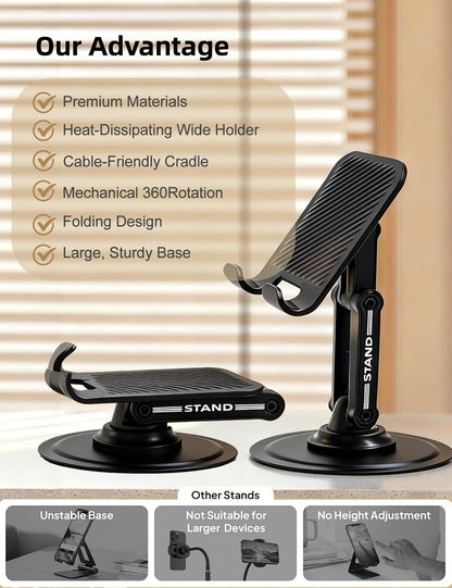 Phone Stand for Desk, Adjustable Dual-Axis 360° Rotating Sturdy Cell Phone Holder, Anti-Loose Maintainable Design, Compatible with iPhone Android Smartphones