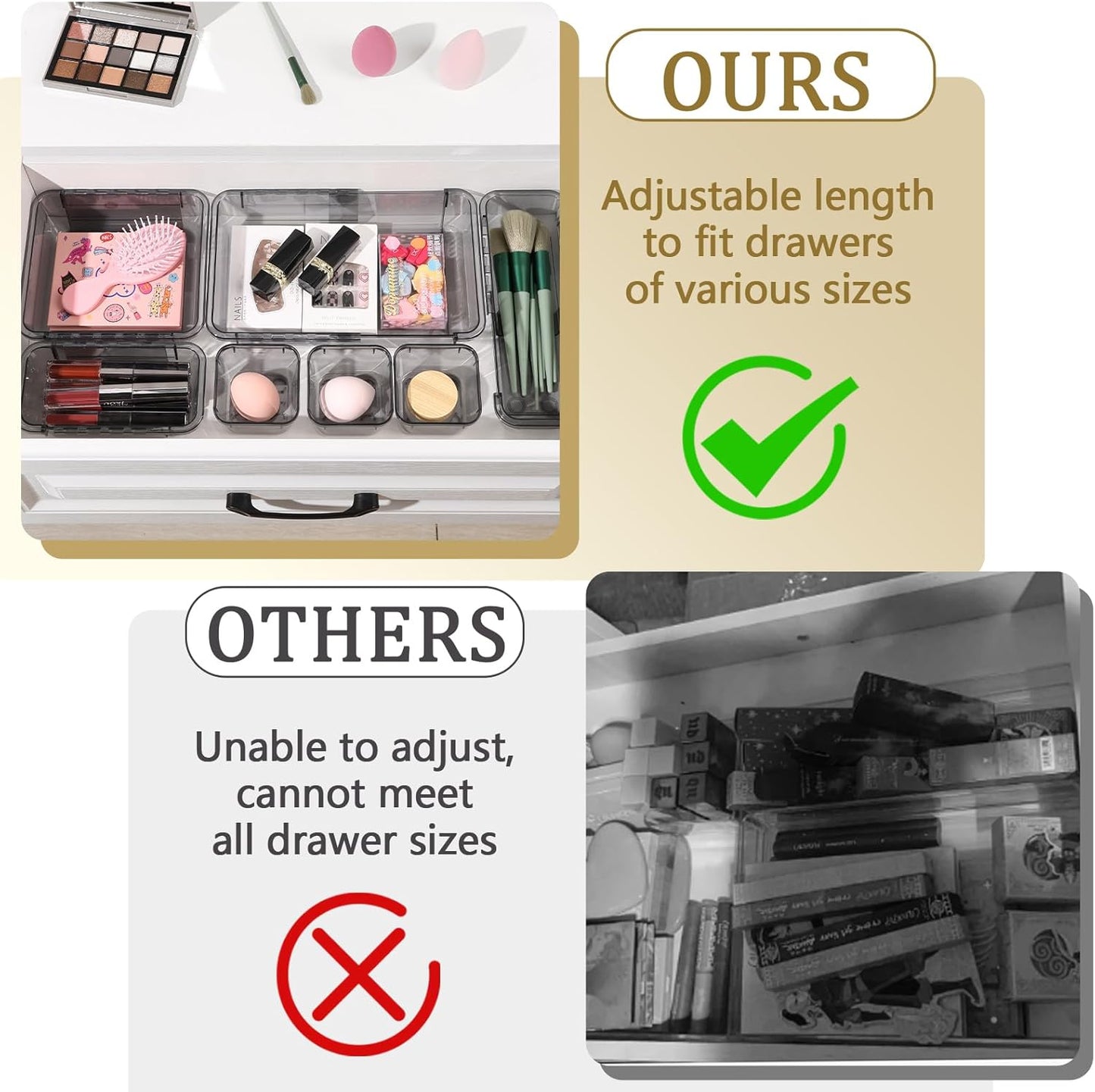 14 Pcs Adjustable Clear Drawer Organizer, Extendable Vanity Storage Bins, Desk Drawer Organizer Set for Makeup, Cosmetics, Bedroom, and Gadgets, Purple