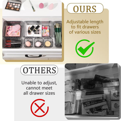 14 Pcs Adjustable Clear Drawer Organizer, Extendable Vanity Storage Bins, Desk Drawer Organizer Set for Makeup, Cosmetics, Bedroom, and Gadgets, Purple