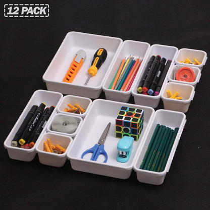 Set of 12 Interlocking Desk Drawer Organizer Tray Dividers Plastic Shallow Narrow Drawers Organizers Separators and Storage Bins Container for Kitchen Bathroom Makeup Office Vanity Bedroom Dresser