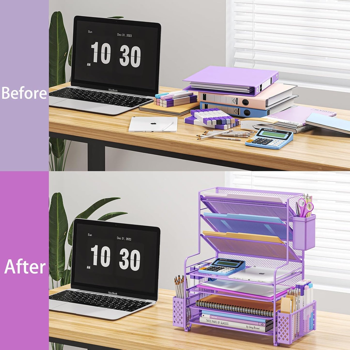 Simple Trending 7 Tier Desk File Organizer, Letter Tray Paper Organizer with Pen Holder and Metal Hanging Basket, Black