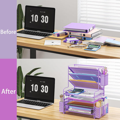 Simple Trending 7 Tier Desk File Organizer, Letter Tray Paper Organizer with Pen Holder and Metal Hanging Basket, Black