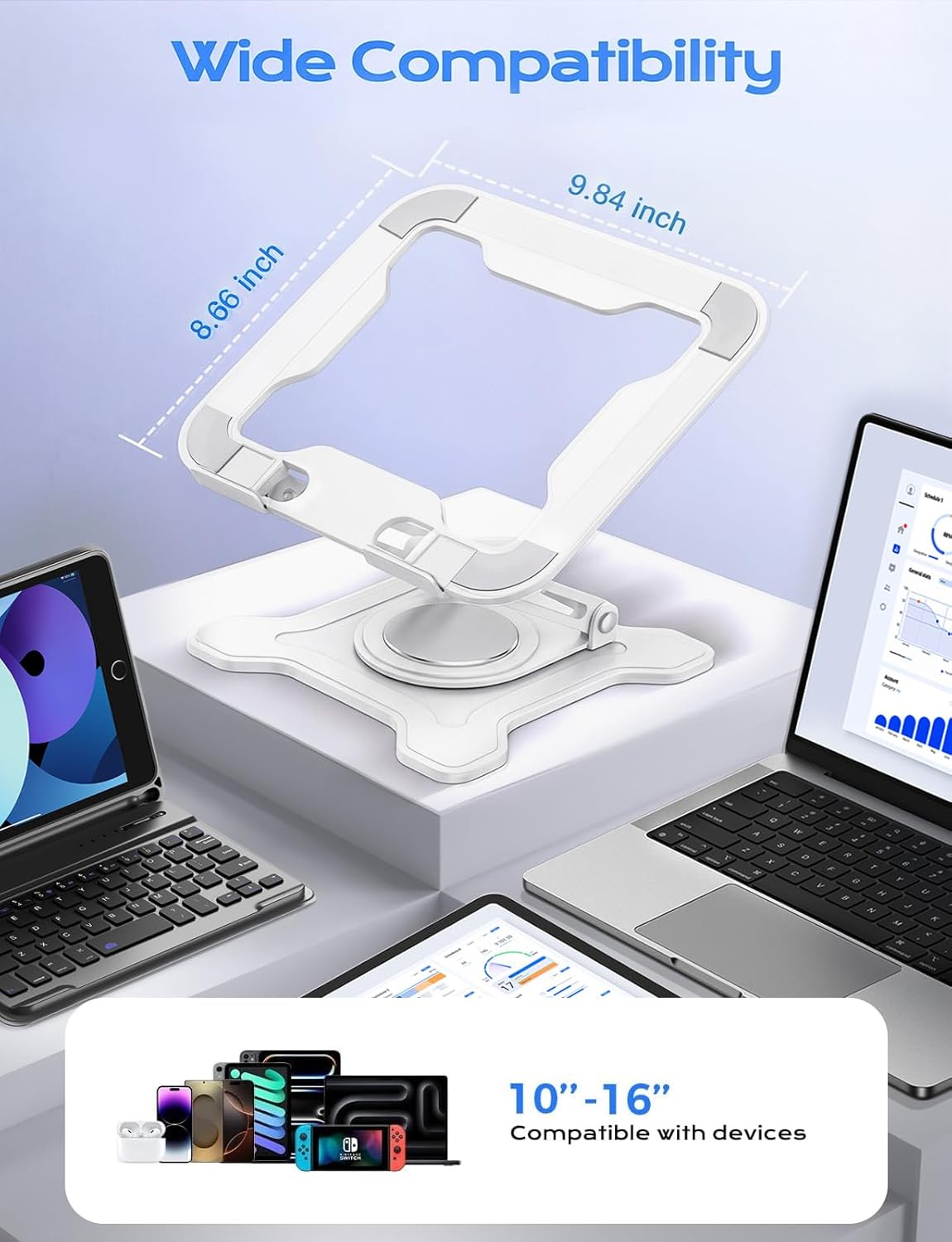 JCZT Adjustable Laptop Stand for Desk, 360° Rotating Base Ergonomic Computer Stand, Laptop Riser Foldable Protable for Office Home Fits Compatible with MacBook Pro/Air Notebook up to 10-16" Black