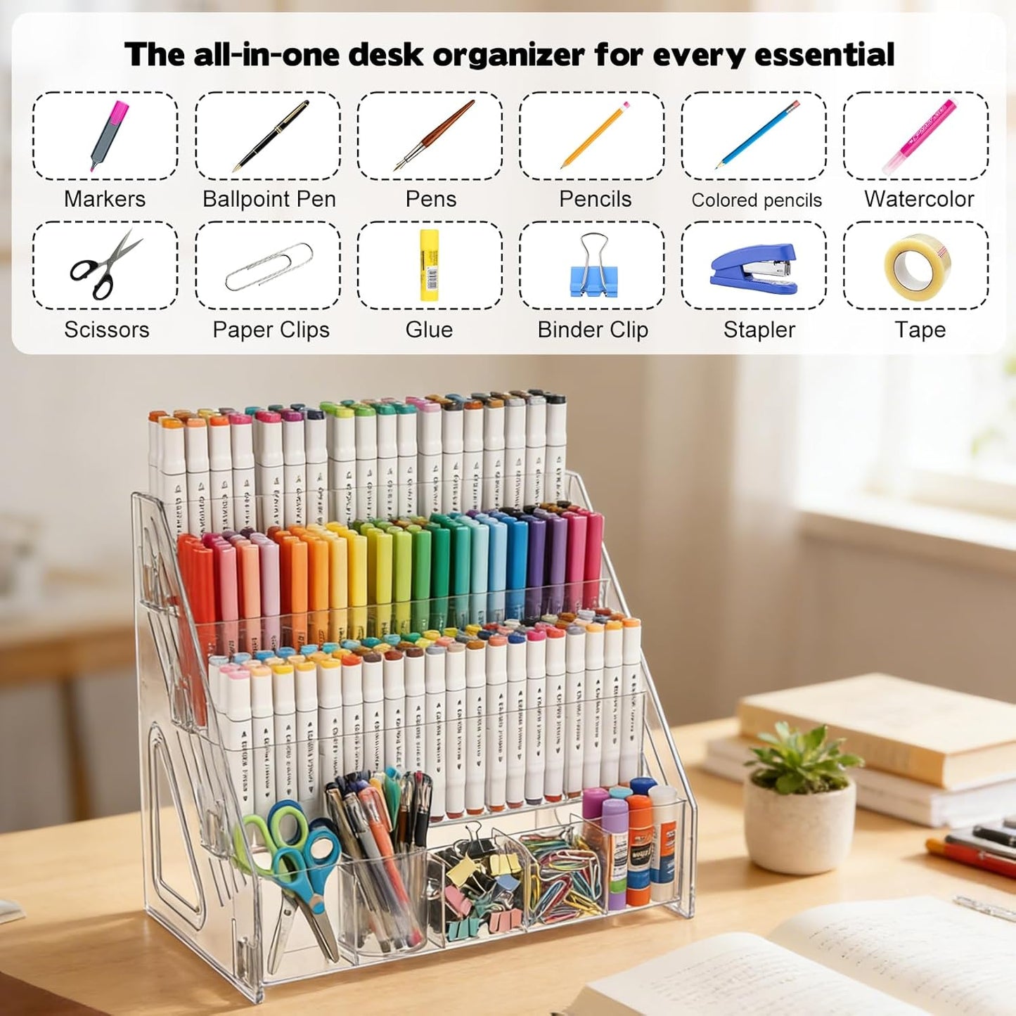 2 Pack Acrylic Desk Organizer, 4 Tier 20 Compartments Vertical Storage for Pens Art Supplies Home Classroom Back to School Office School Office Desk Desktop Stationery Pencil Storage