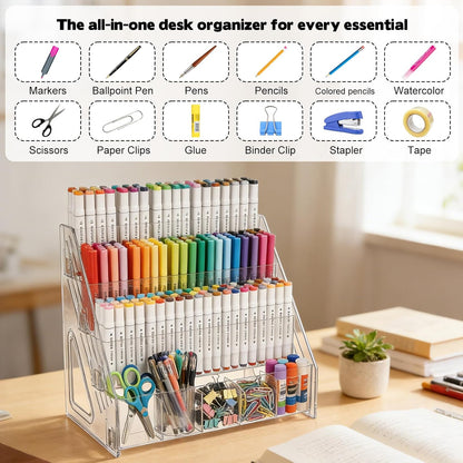 2 Pack Acrylic Desk Organizer, 4 Tier 20 Compartments Vertical Storage for Pens Art Supplies Home Classroom Back to School Office School Office Desk Desktop Stationery Pencil Storage