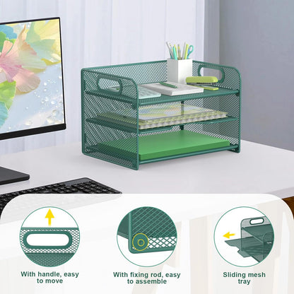 Samstar 3 Tier Letter Tray Paper Organizer with Handle, Mesh Desk Organizer Paper Sorter File Rack Shelves, Black