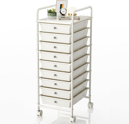 4-Tier Utility Cart with 4 Drawers, Rolling Utility Cart with 2 Lockable Caster Wheels, Multipurpose Mobile Rolling Drawer Cart for Office Bathroom Kitchen, Ivory White