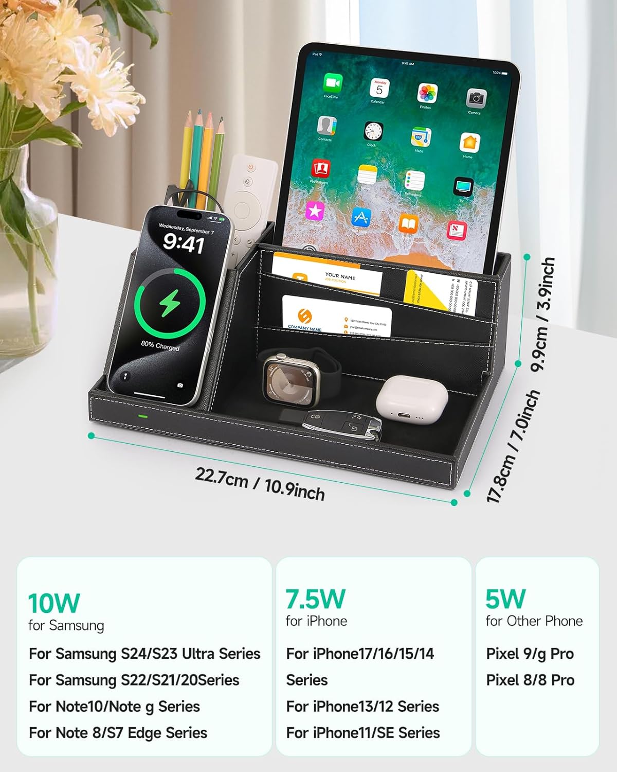 Fast Wireless Charging Station with Desk Organizer for iPhone 17/16/15/15 Pro/14/14 Pro Max/14 Pro/14 Plus/13/13 Pro Max/13 Pro/and iPhone 12/11 Series, Nightstand Desktop Organizer, Brown