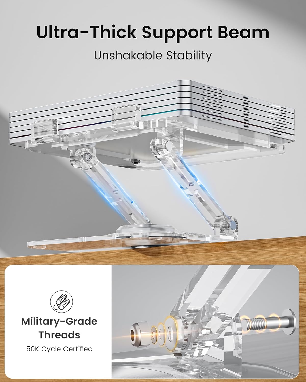 Laptop Stand for Desk - Adjustable, Foldable Clear Acrylic Riser with 360° Rotating Base, Ergonomic Laptop Holder for MacBook Pro/Air & 10-16” Notebooks