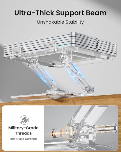 Laptop Stand for Desk - Adjustable, Foldable Clear Acrylic Riser with 360° Rotating Base, Ergonomic Laptop Holder for MacBook Pro/Air & 10-16” Notebooks