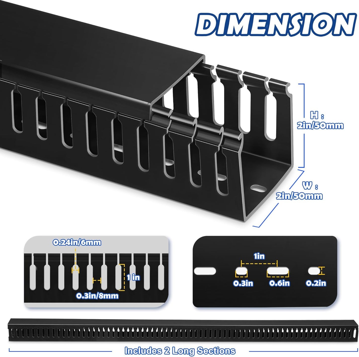 ZhiYo 2 x 2in Professional Server Rack Cable Management Raceway, 99in (6X L16.5in) Cable Raceway Kit, Electrically Safe PVC Open Slot Wire Raceway for Under Desk/Computer/Network Cords, Black