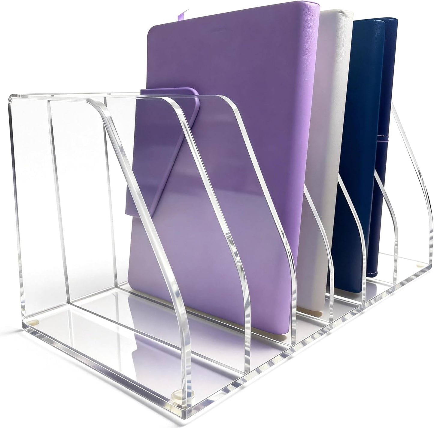 Acrylic Magazine File Holder, 4 Vertical Compartments Desk Document Sorter Organizer, Clear Folder Rack Binder for Office, Documents, Tablets, Magazines, Books – Home/Classroom Rack