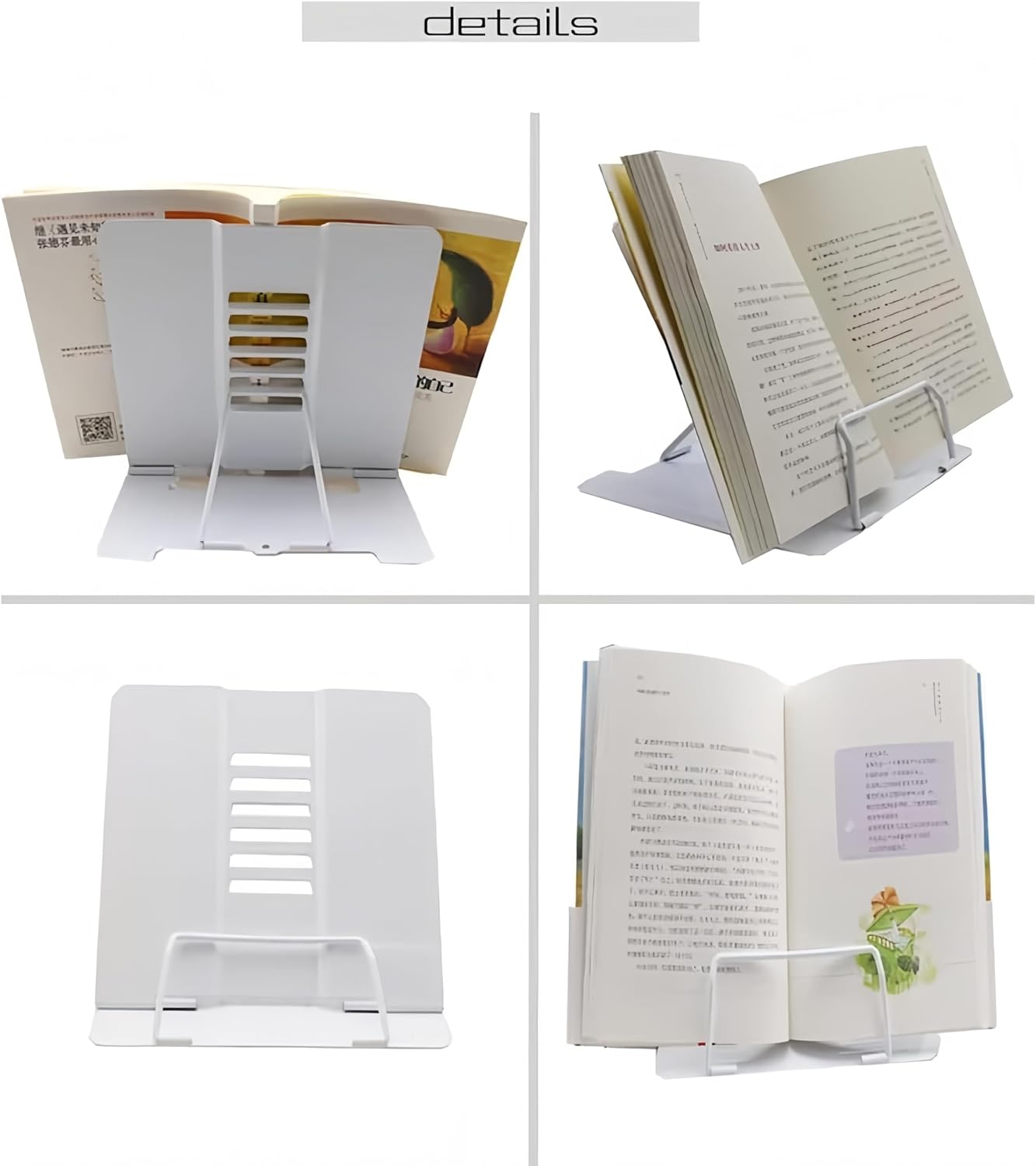 Azheeujy Metal Book Stand Folding Reading Book Holder with 6 Adjustable Angles and Paper Page Clip,Sturdy Desktop Book Holder for Cookbook,Magazine,Textbooks,Document,Music Book,Laptop,Tablet (Black)