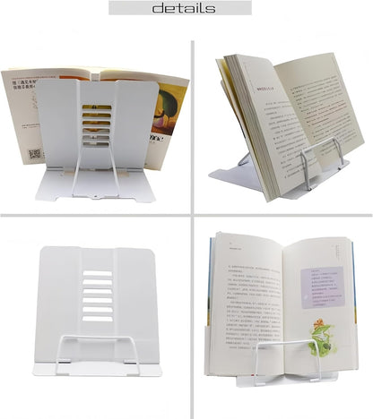 Azheeujy Metal Book Stand Folding Reading Book Holder with 6 Adjustable Angles and Paper Page Clip,Sturdy Desktop Book Holder for Cookbook,Magazine,Textbooks,Document,Music Book,Laptop,Tablet (Black)