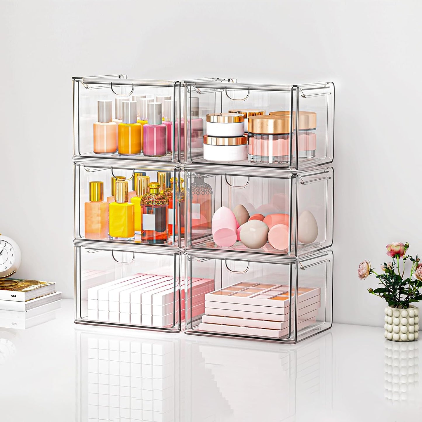 caktraie 6 Pack Small Stackable Stroage Drawers, Acrylic Bathroom Makeup Organizer, Plastic Storage Bins For Vanity, Undersink, Kitchen Cabinets, Pantry, Home Organization