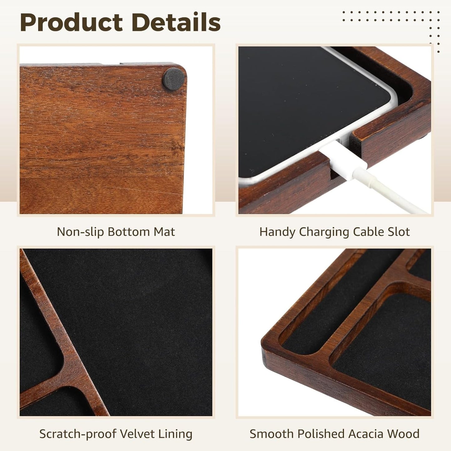 Homaisson 11.6×7.7×0.6" Wood Valet Tray for Men, Key Tray for Men, Acacia Wood Men's EDC Storage Dish for Nightstand, Desk Trays with Phone and Watch Slots