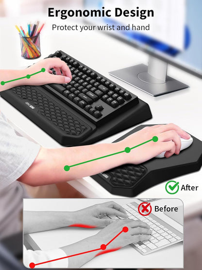 3-in-1 Ergonomic Keyboard Stand with Wrist Rest & Mouse Pad Set, Comfy Keyboard Riser Holder Soft Mousepad with Massage Design, Memory Foam and Non-Slip PU Base for Pain Relief, Black