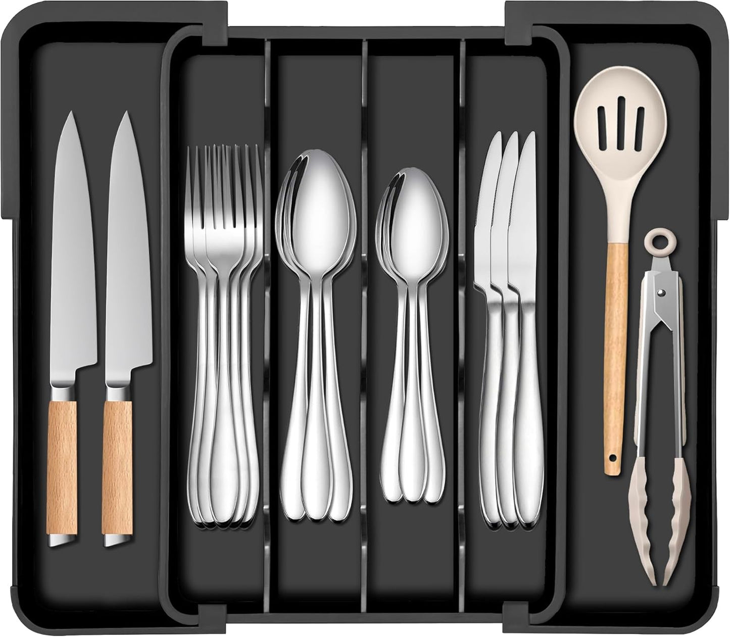 Spaclear Silverware Organizer - Expandable Kitchen Drawer Organizer, Utensil Drawer Organizer, Adjustable Plastic Flatware and Cutlery Holder, Kitchen Organizers Storage for Forks Knives, Black