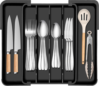 Spaclear Silverware Organizer - Expandable Kitchen Drawer Organizer, Utensil Drawer Organizer, Adjustable Plastic Flatware and Cutlery Holder, Kitchen Organizers Storage for Forks Knives, Black