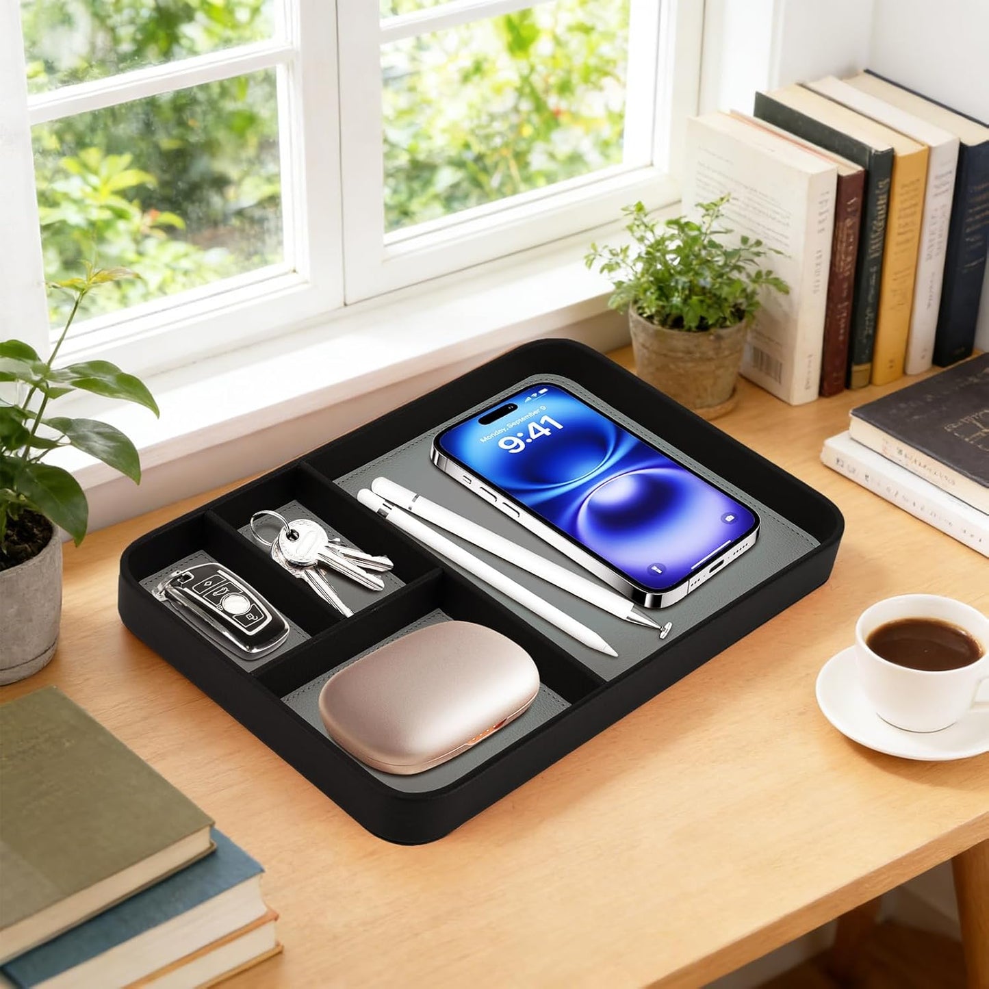 Valet Tray for Men, PU Leather Desk & Nightstand Organizer - Two-Toned Catch All Tray for Keys, Wallet, Watch, Jewelry and EDC Gear (black)