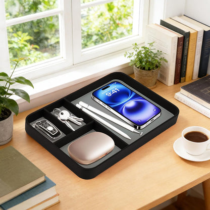 Valet Tray for Men, PU Leather Desk & Nightstand Organizer - Two-Toned Catch All Tray for Keys, Wallet, Watch, Jewelry and EDC Gear (black)