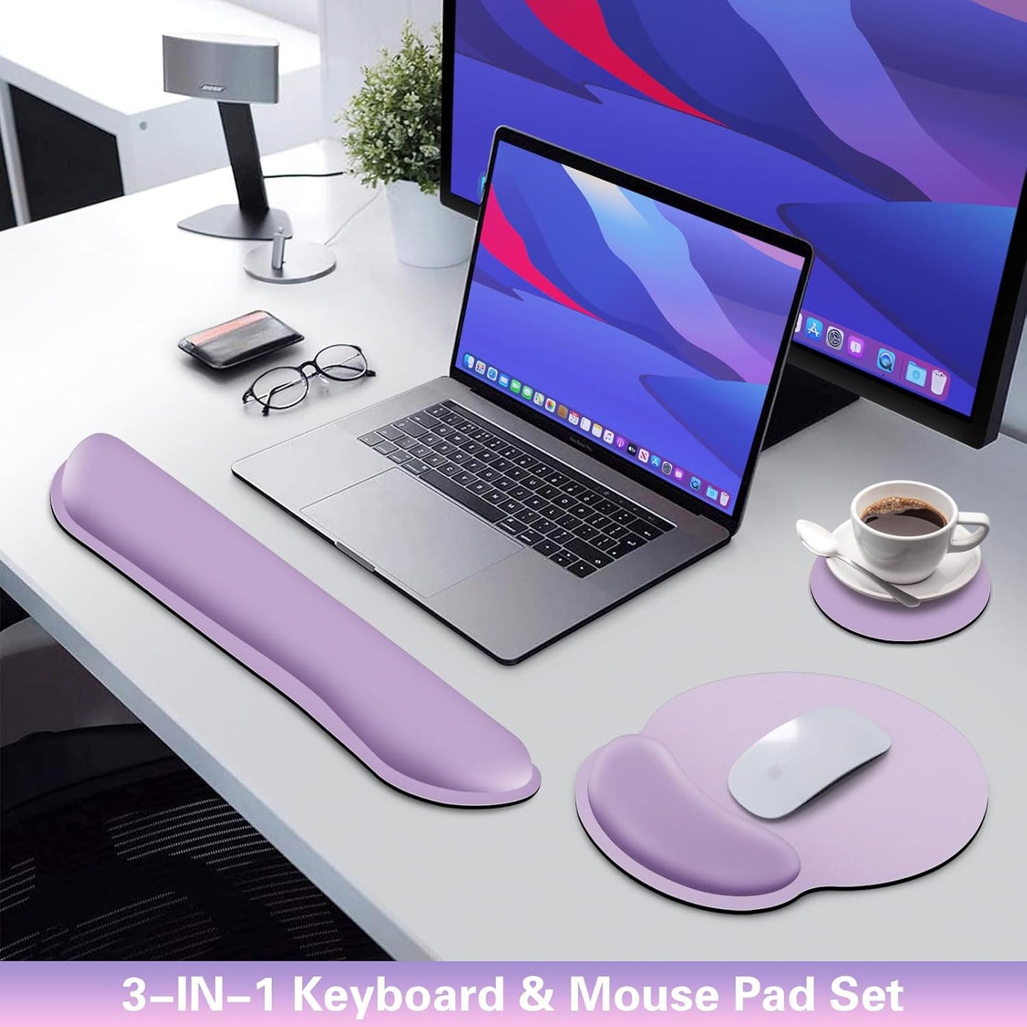 Mouse Pad with Wrist Rest Set, Qomolama 3-in-1 Wrist Support Mouse Pad Set, Floral Gaming Mousepad with Anti-Skid Base,Ergonomic Mouse Pad,Memory Foam Keyboard Gel Wrists Rest